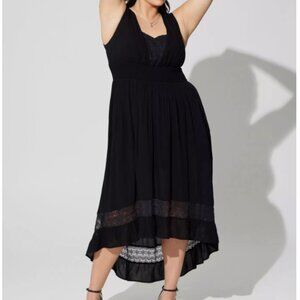 Torrid Maxi Gauze Lace Inset Hi-Low Dress – Deep Black | Size 4